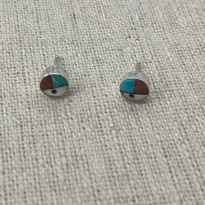 Vtg Zuni 925 Sterling Sun Face Southwestern Turquoise Inlay Round Stud Earrings